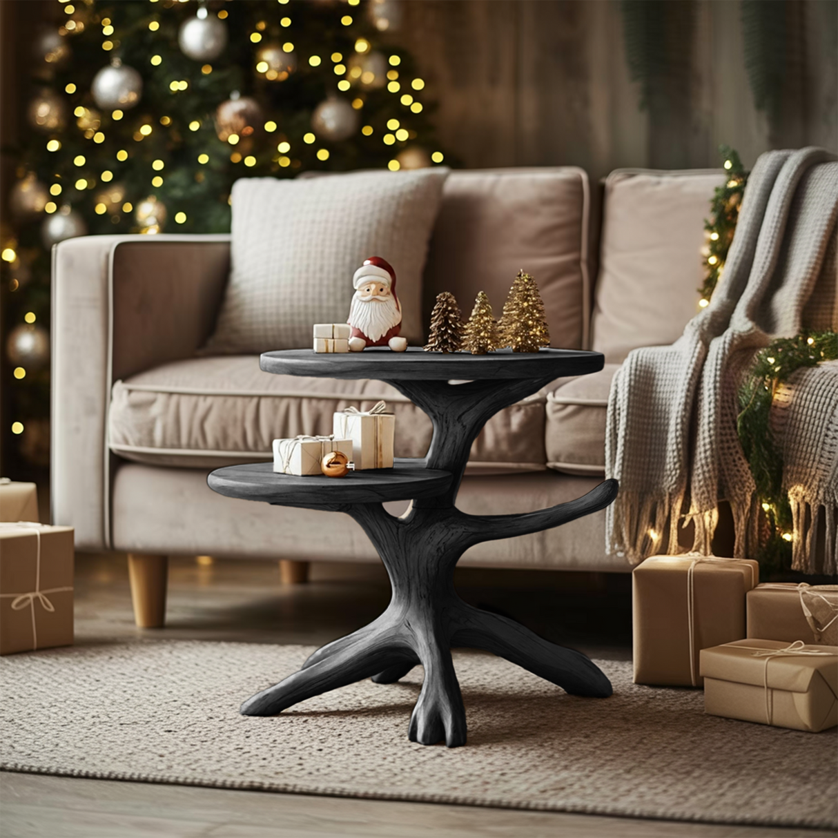 Handcrafted Round End Table For Entryway Design Xmas Accent