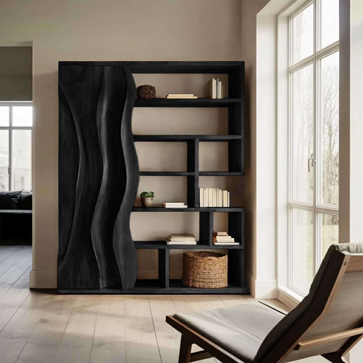 Modern Bookshelf With Wave Door For Home Decor