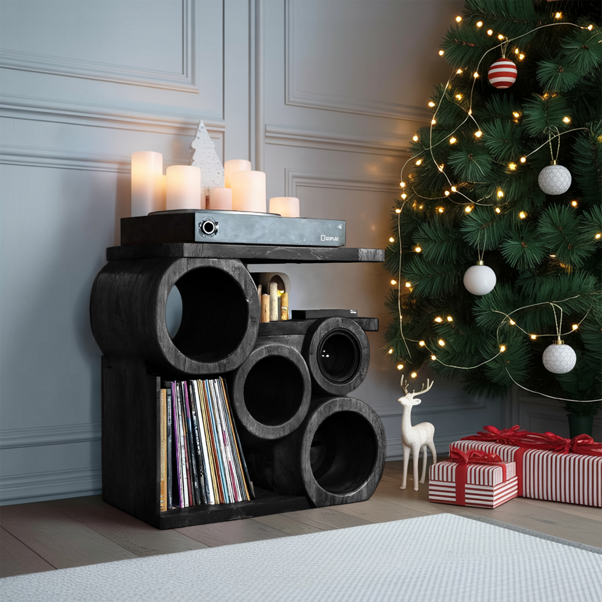 Farmhouse Solid Wood Record Stand For Rustic Christmas Home