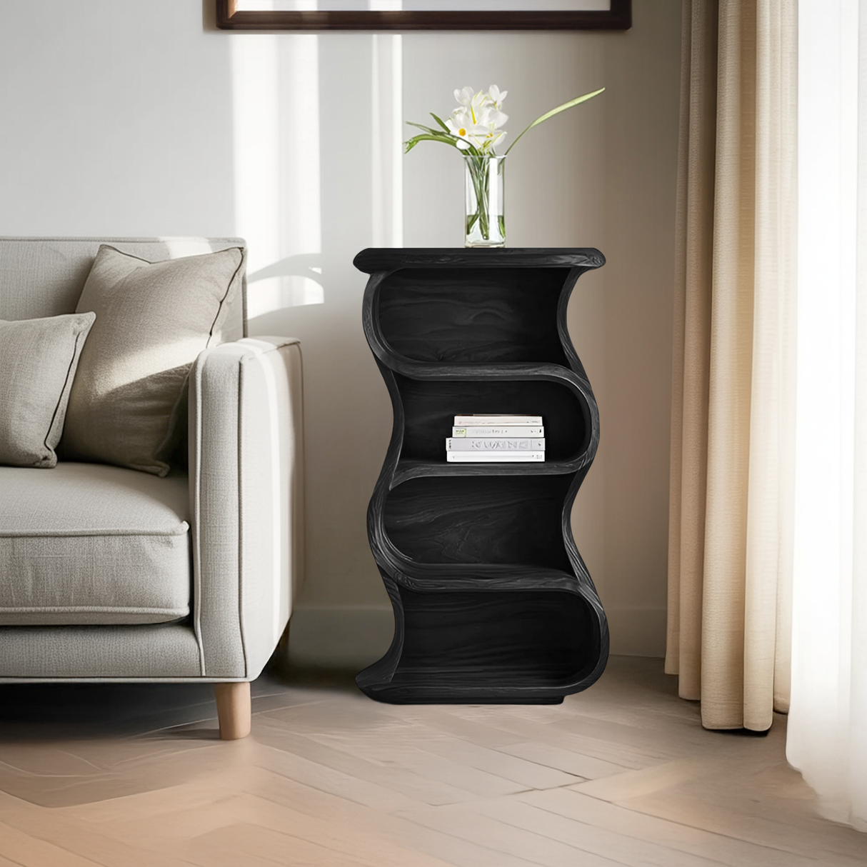 Minimalist Sculptural Nightstand With Open Shelf For Bedroom