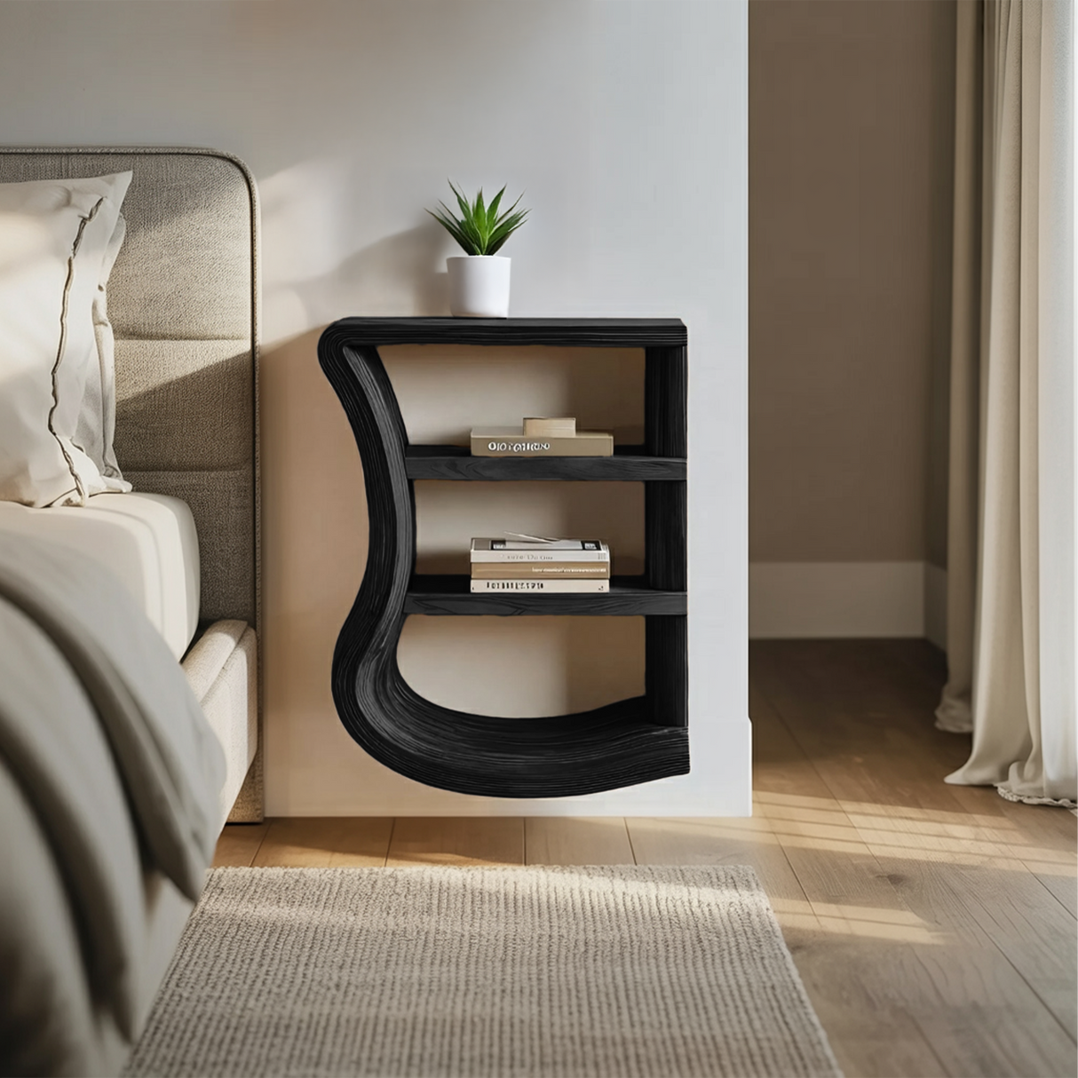 Minimal Curved Nightstand Open Shelf Design For Bedroom