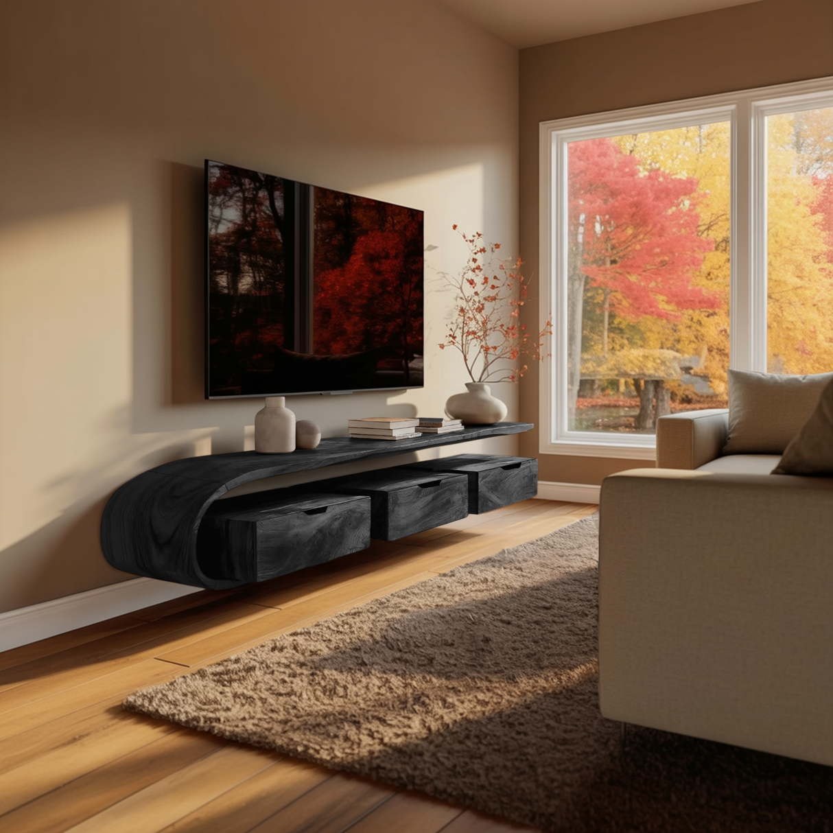 Contemporary Sculptural Wall Mounted Media Console For Living Room