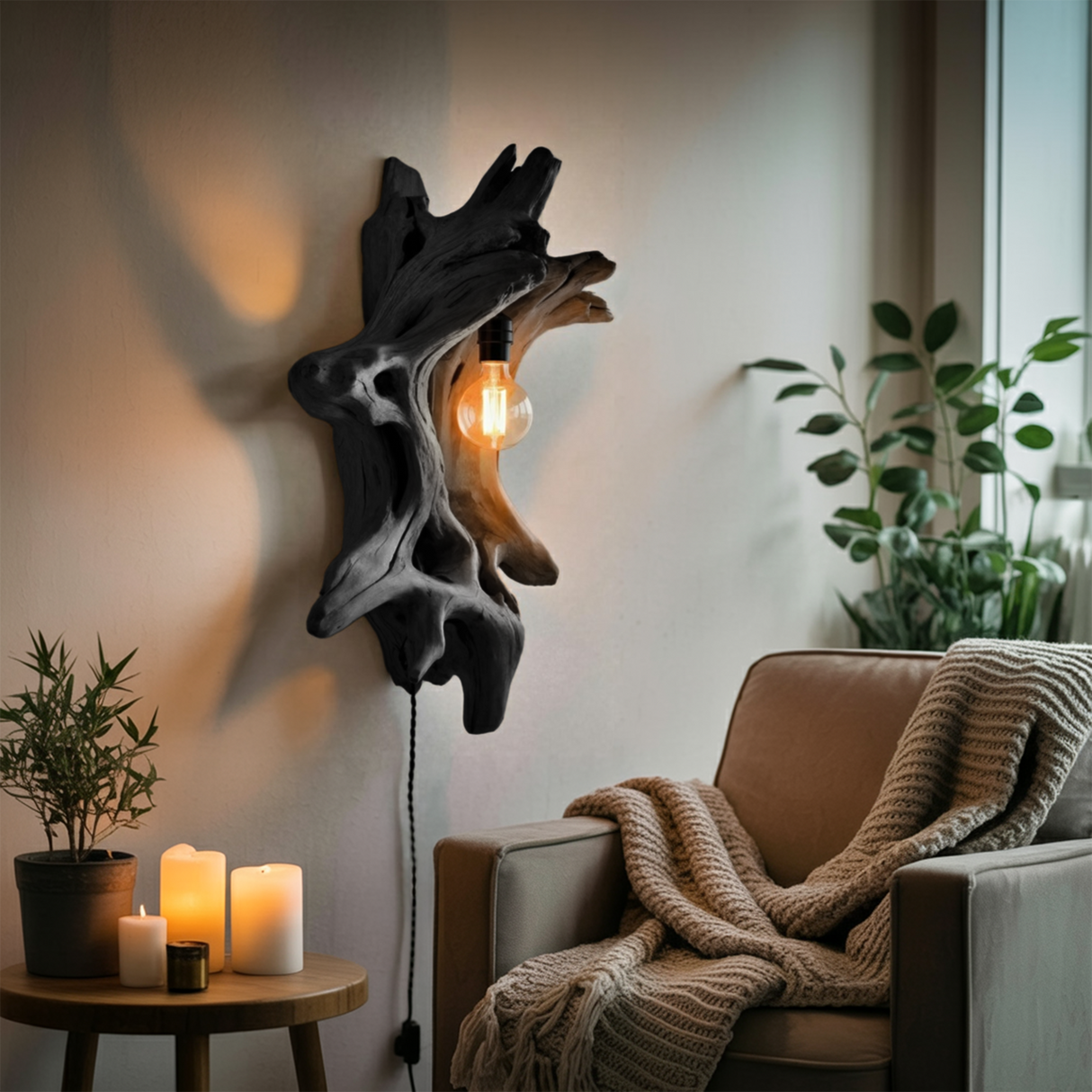 Driftwood Wall Lamp With Carved Form For Rustic Modern Living Room