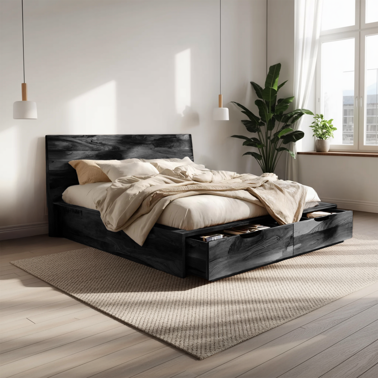 Contemporary Bed And Built-In Drawers For Bedroom