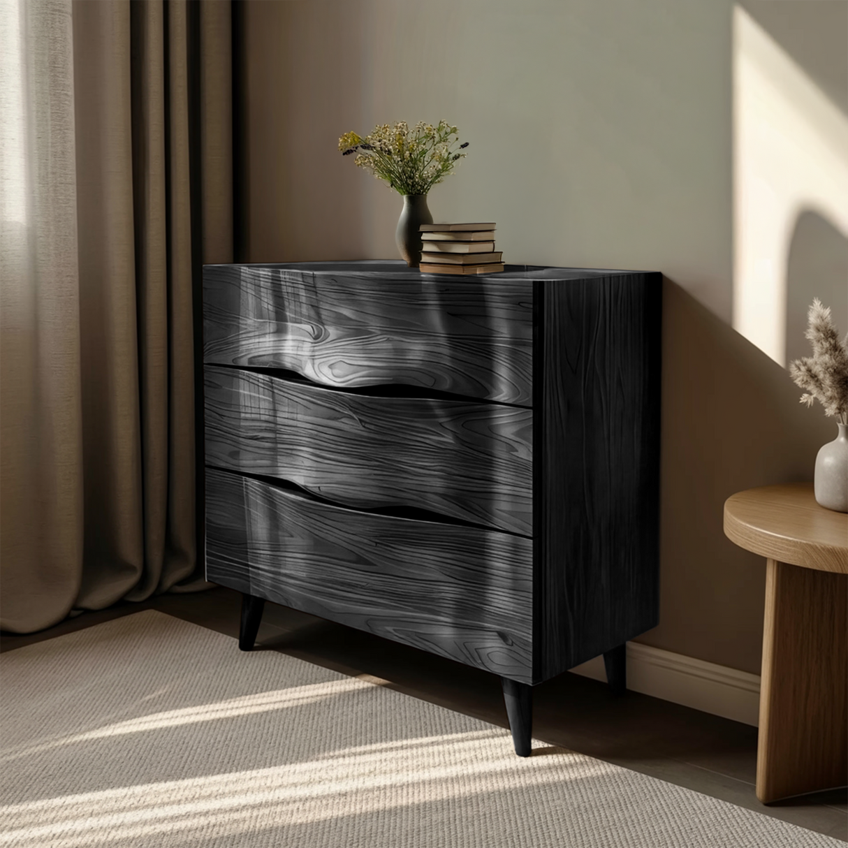 Modern Wooden Cabinet With Curved Handles For Bedroom Storage