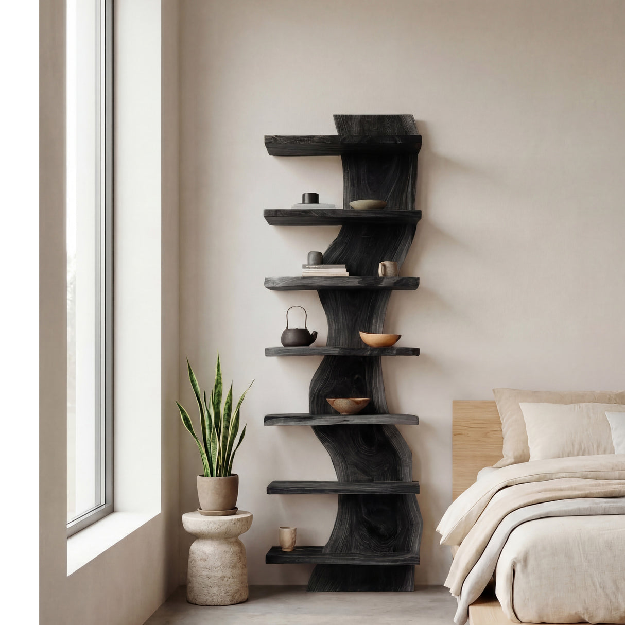 Organic Modern Wood Standing Shelf For Living Room