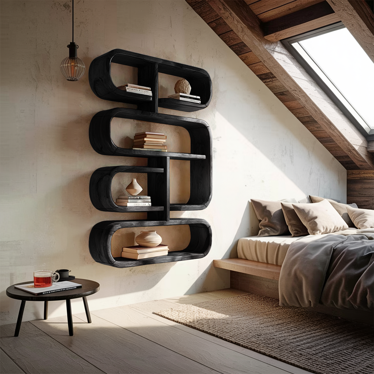 Mid Century Live Edge Display Shelf For Living Room Storage
