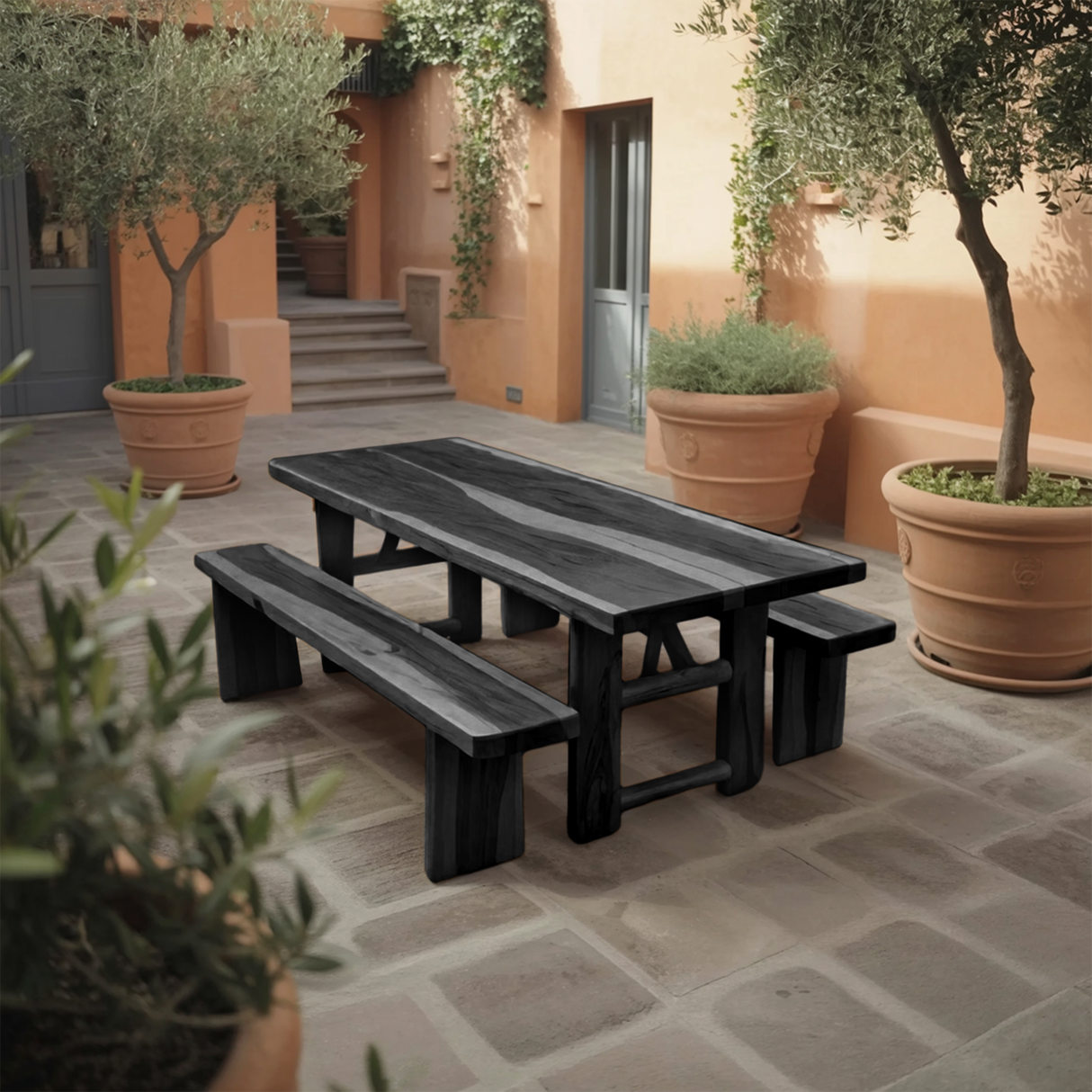 Rustic Outdoor Table With Benches For Garden Or Backyard Gatherings