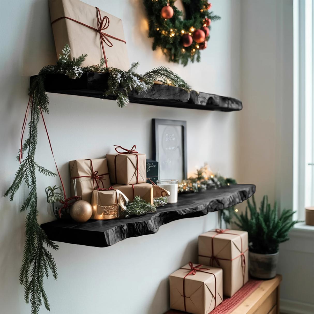 Mid Century Solid Wood Floating Shelf For Xmas Entryway Organization