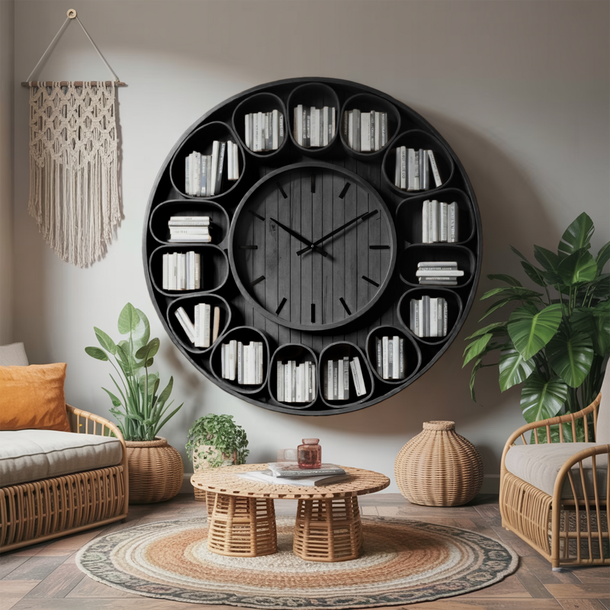 Contemporary Round Wall Bookshelf With Clock For Living Room And Home Office