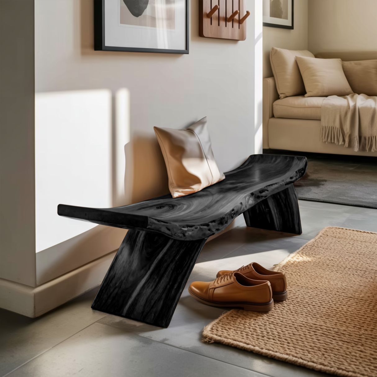 Rustic Live Edge Bench With Organic Curves For Entryway