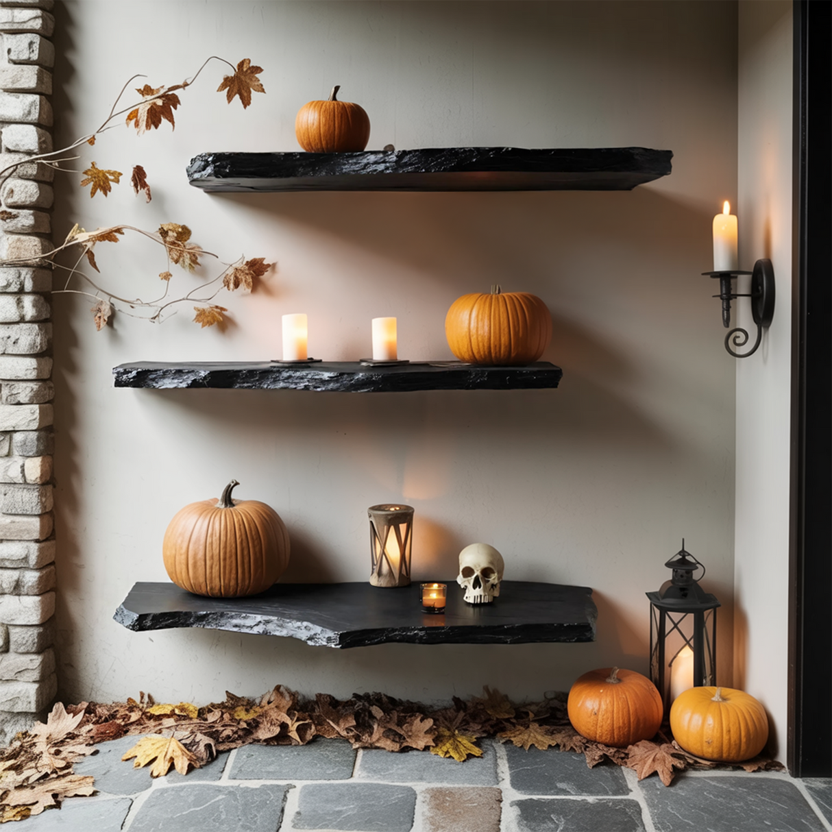 Farmhouse Wooden Floating Shelf For Entryway Design With Halloween Storage