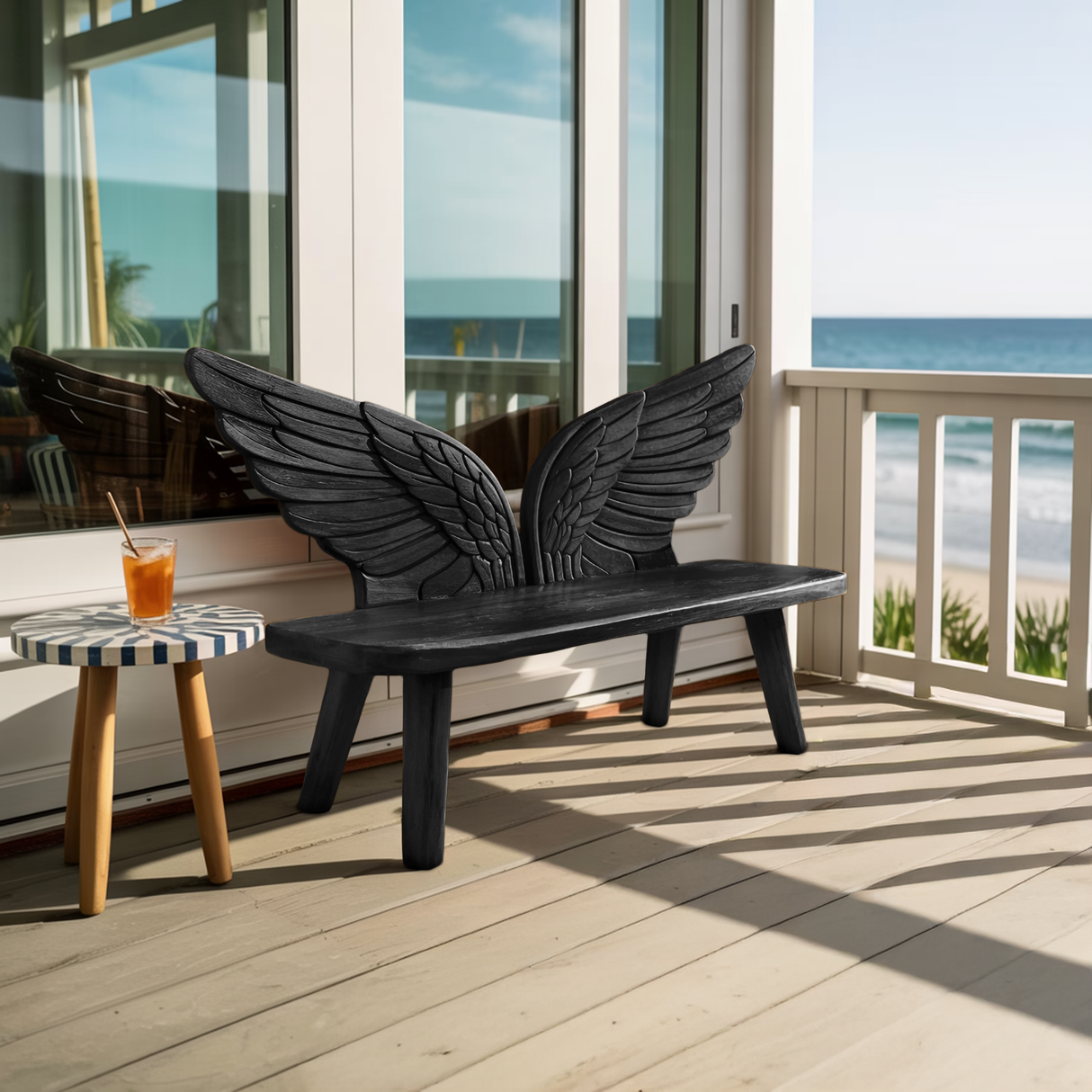 Outdoor Wood Bench Bird Wing Backrest For Patio
