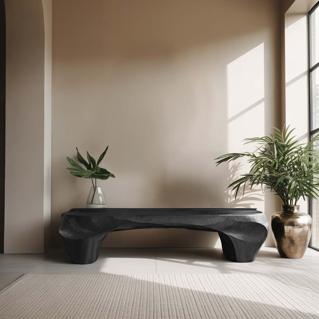 Modern Sculptural Bench And Wall Mirror For Entryway