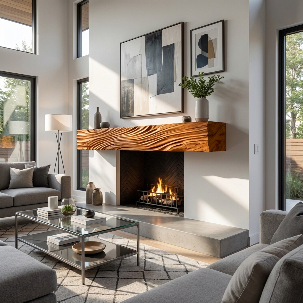 Rustic Fireplace Shelf With Wave Carved For Cozy Living Room
