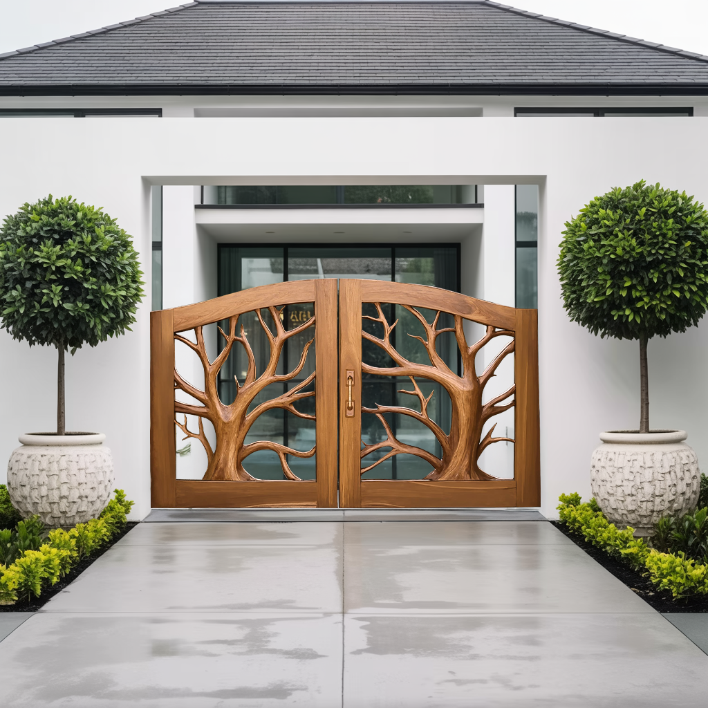 Rustic Tree Carved Entrance Gate For Garden Driveway