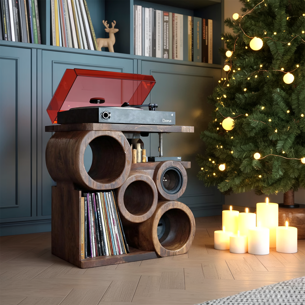 Farmhouse Solid Wood Record Stand For Rustic Christmas Home