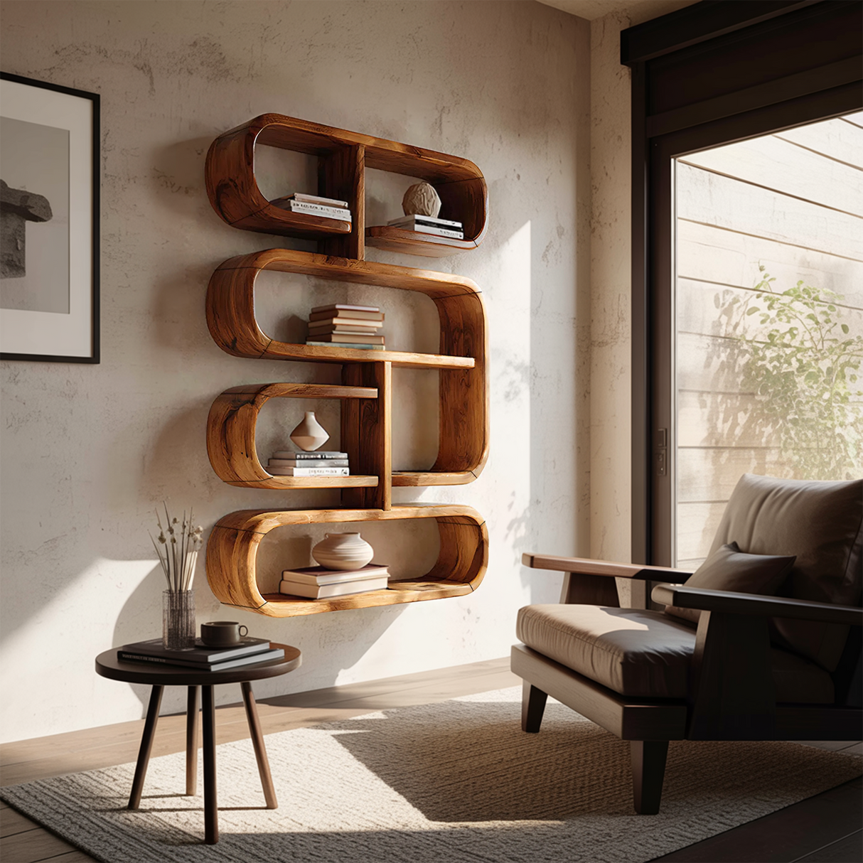 Mid Century Live Edge Display Shelf For Living Room Storage
