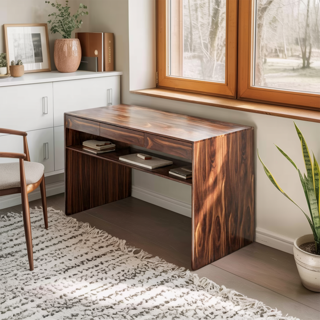 Mid Century Modern Solid Wood Writing Desk With Drawers For Home Office