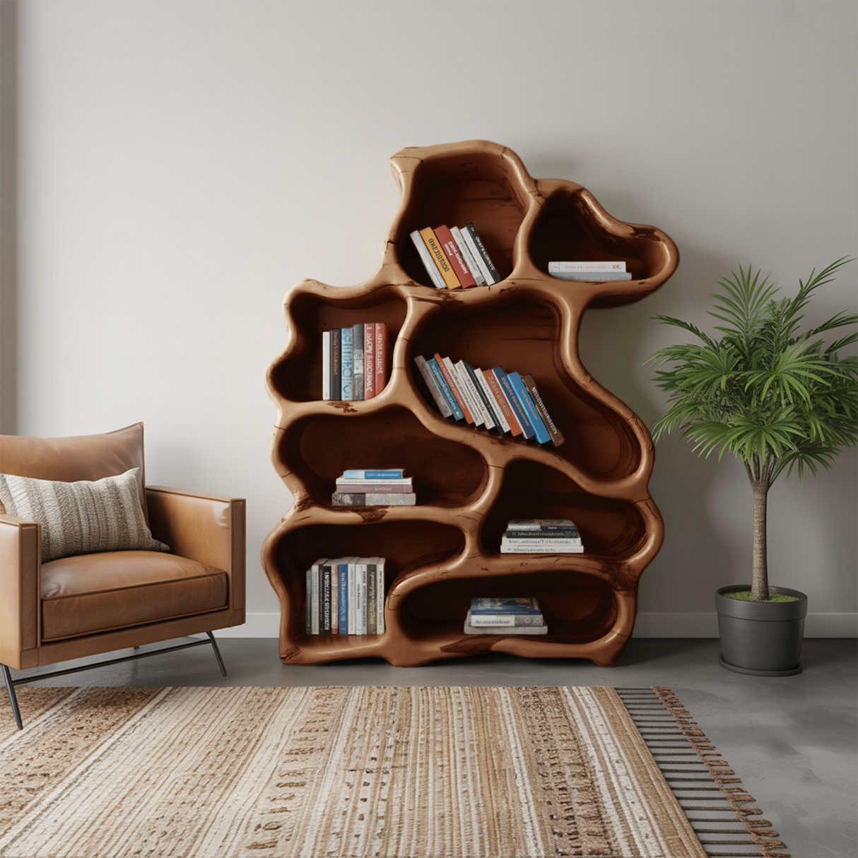 Organic Modern Bookshelf With Carved Design For Living Room And Home Library