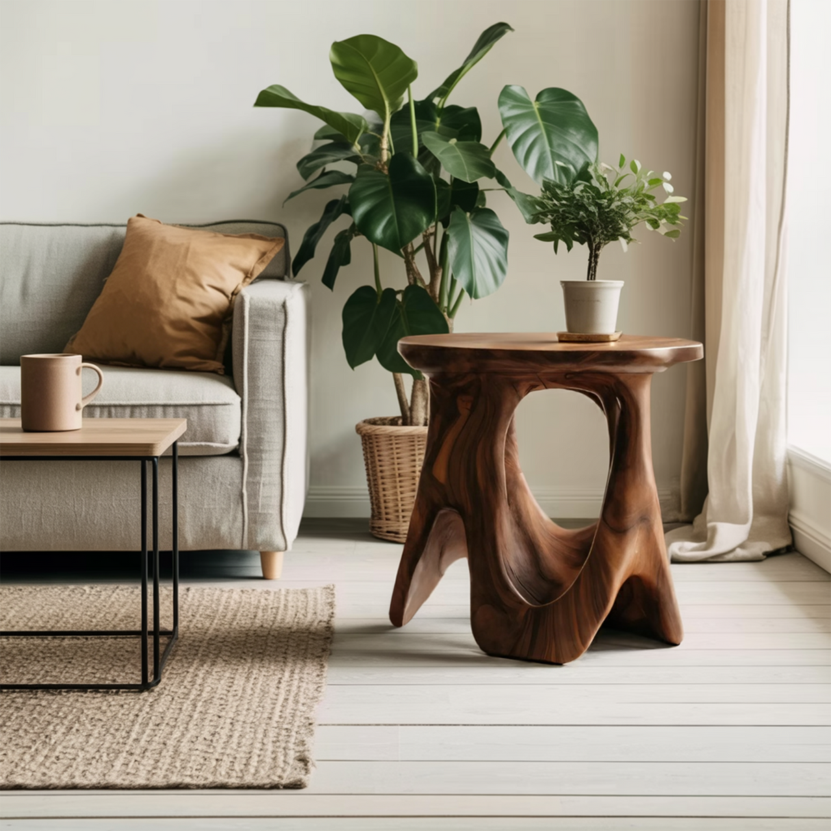 Modern Sculptural Carved Side Table For Living Room