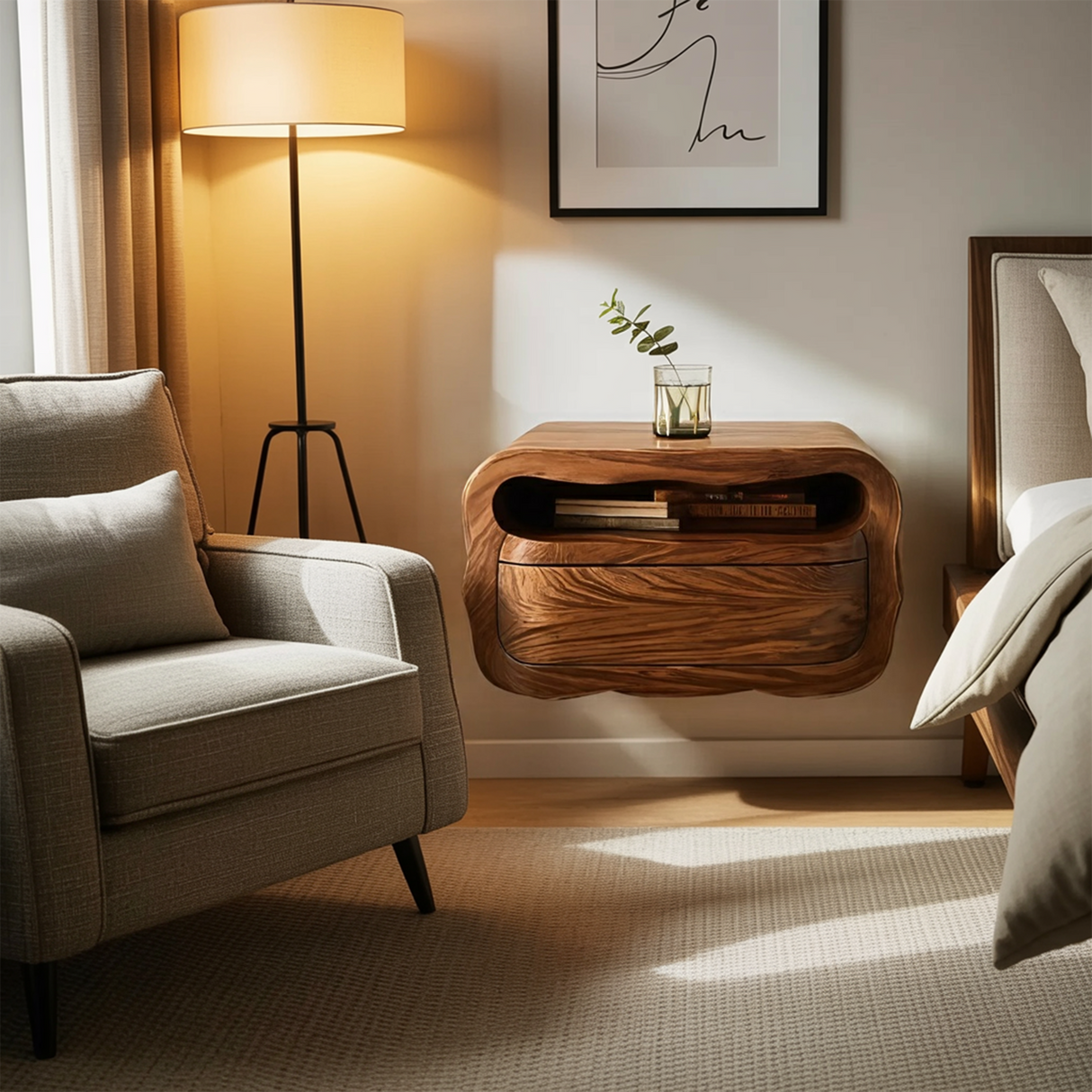 Modern Floating Nightstand With Soft Curves For Bedroom