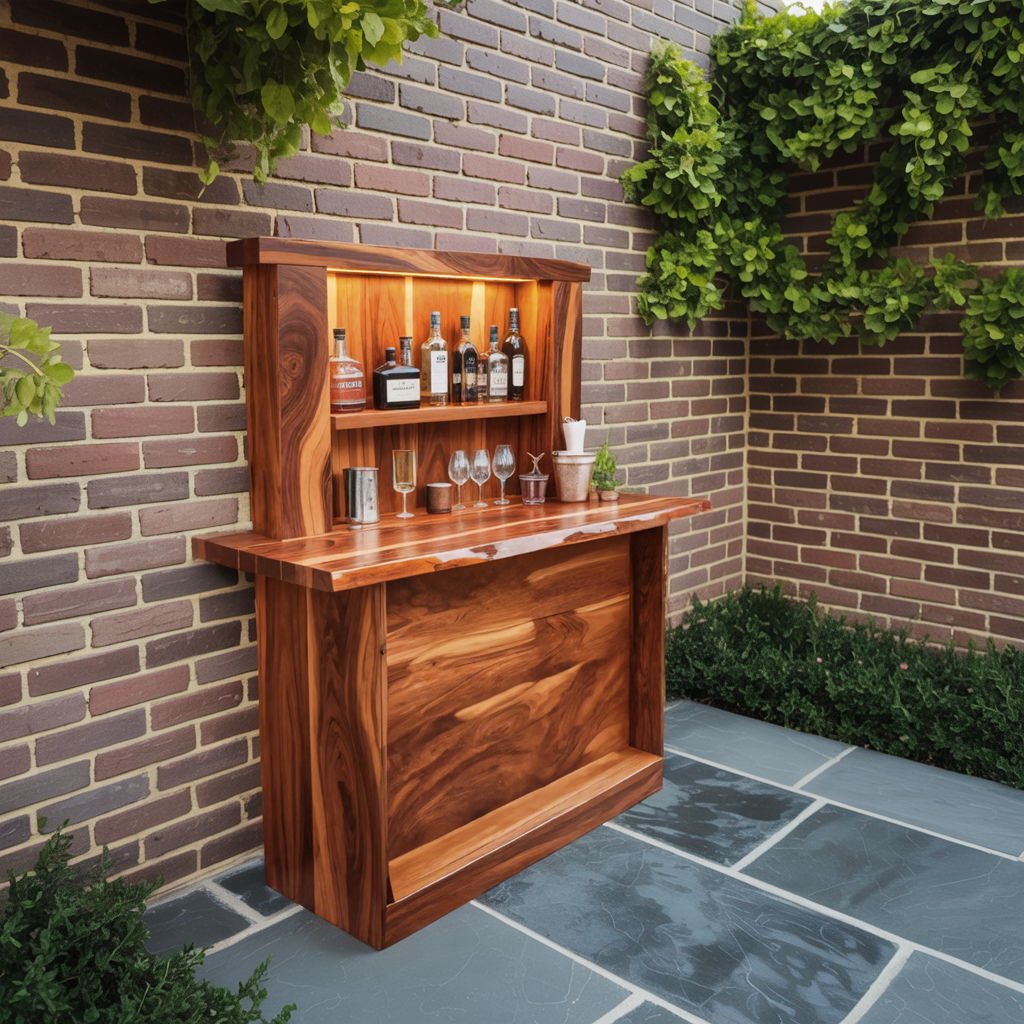 Live Edge Wall Mounted Outdoor Bar With Shelf And Lights For Patio Or Garden