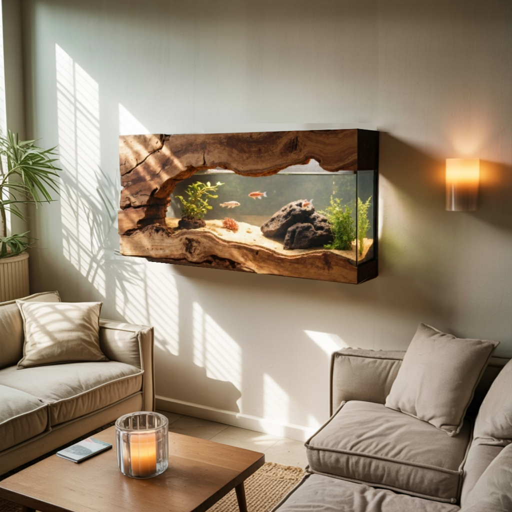 Wall Mounted Aquarium With Driftwood Frame For Living Room And Office