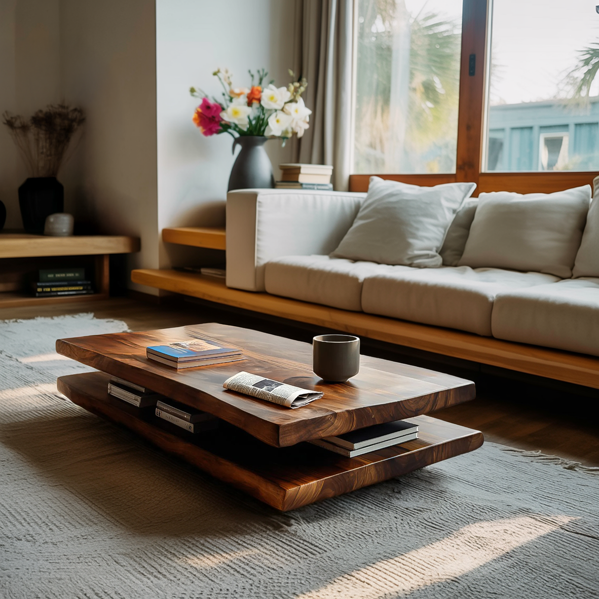 Elegant Wooden Coffee Table Two Layers For Living Room