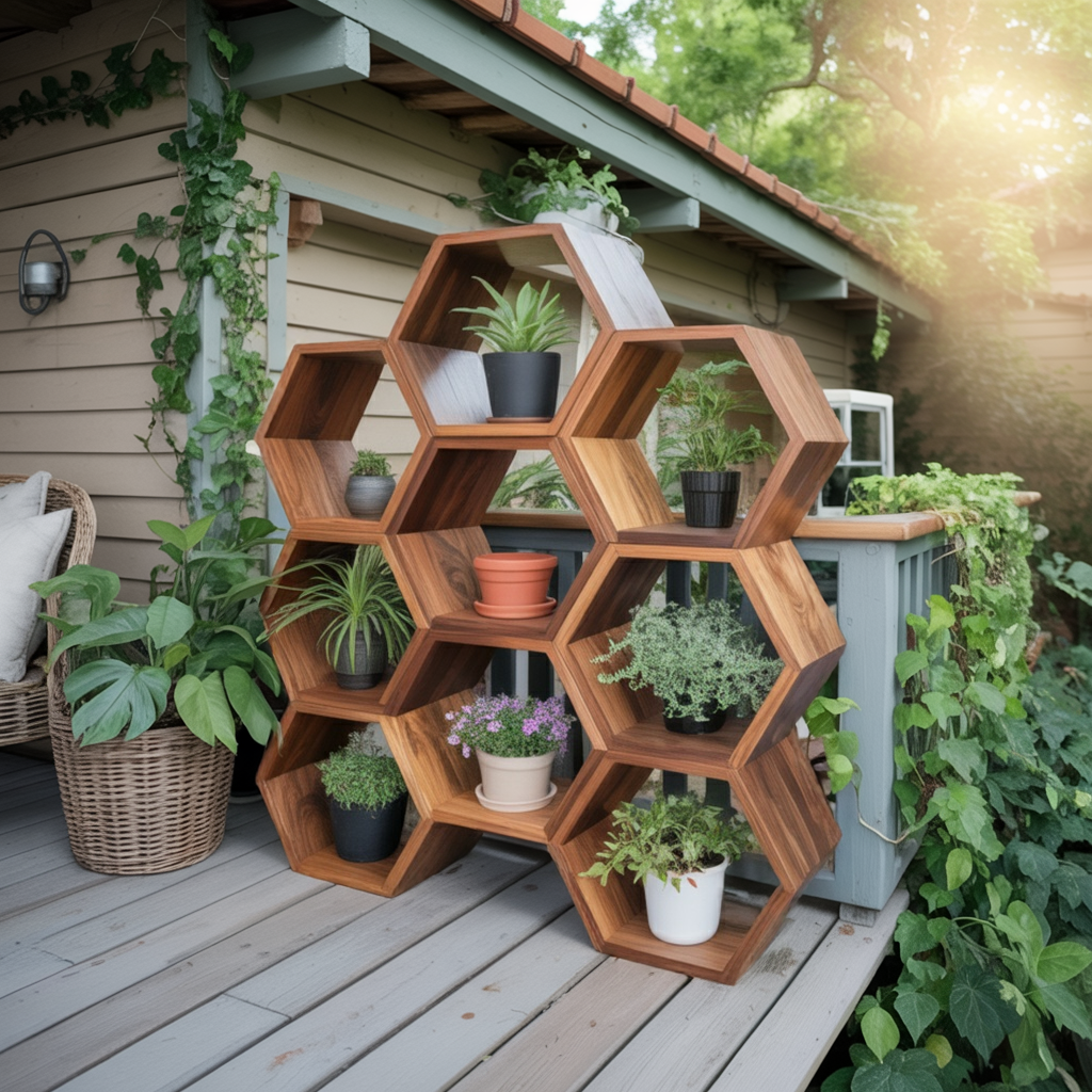 Geometric Honeycomb Plant Shelf Modular Wall Unit For Garden And Patio