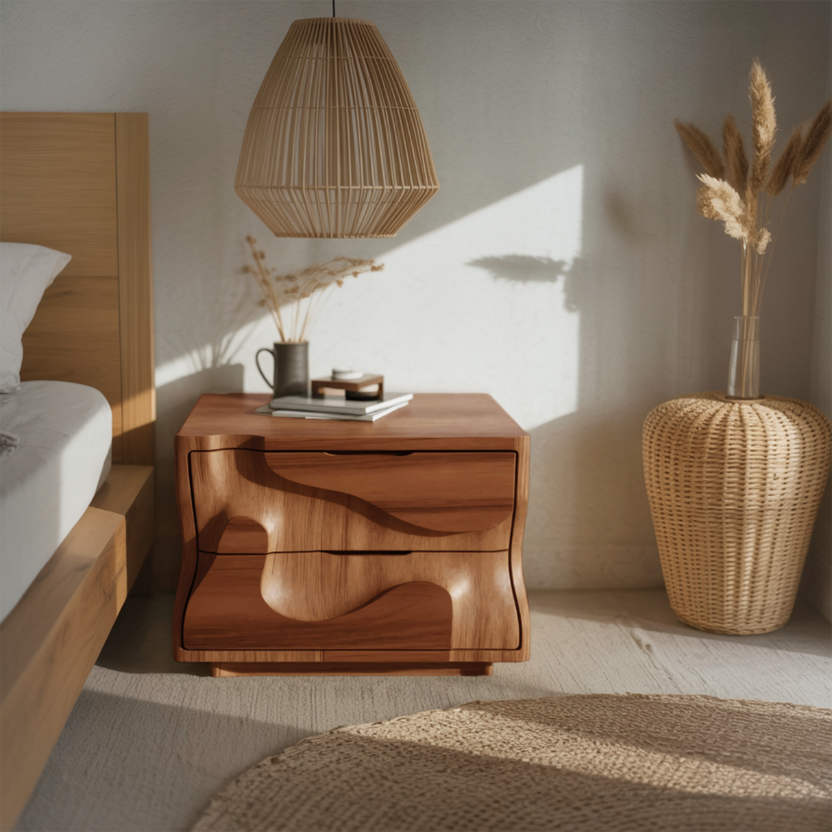 Modern Wavy Nightstand with Carved Drawer Cabinet For Bedroom And Living Room