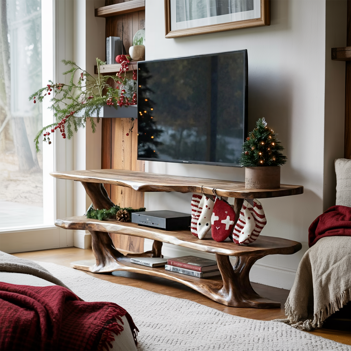 Farmhouse Live Edge Wooden TV Console For Holiday Bedroom Decor
