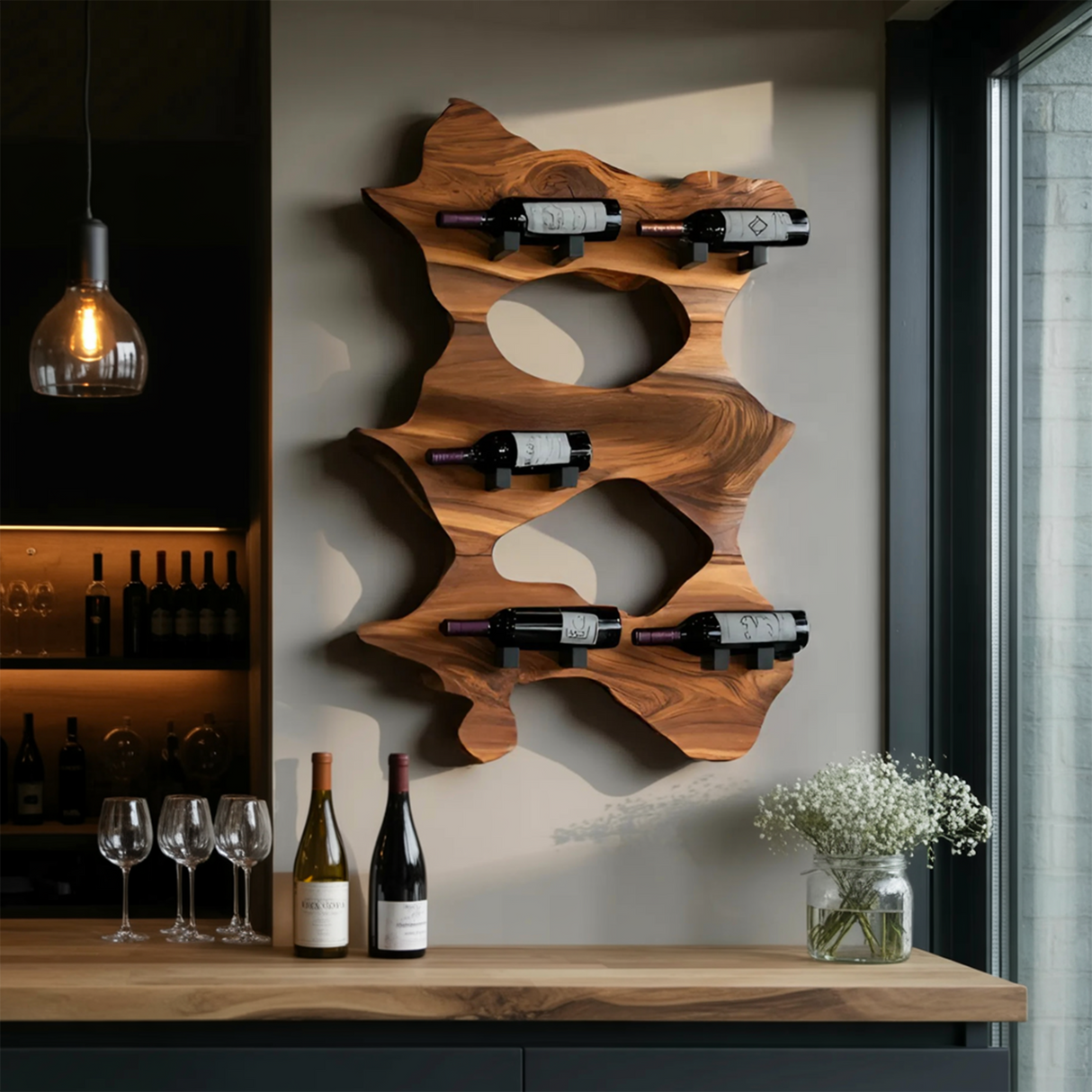 Rustic Solid Wood Live Edge Wine Rack For Entryway