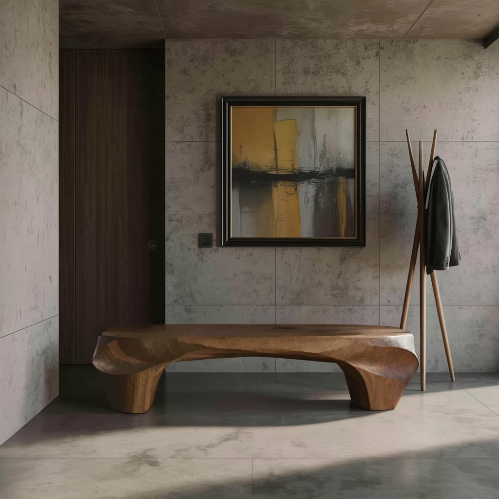 Modern Sculptural Bench And Wall Mirror For Entryway