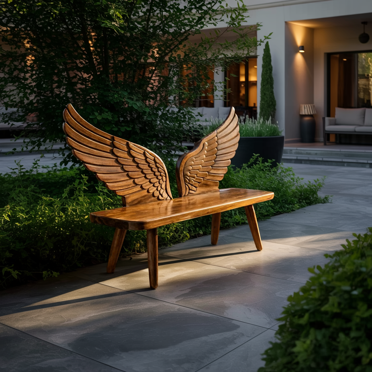 Modern Wood Bench With Wing Backrest For Exterior Seating