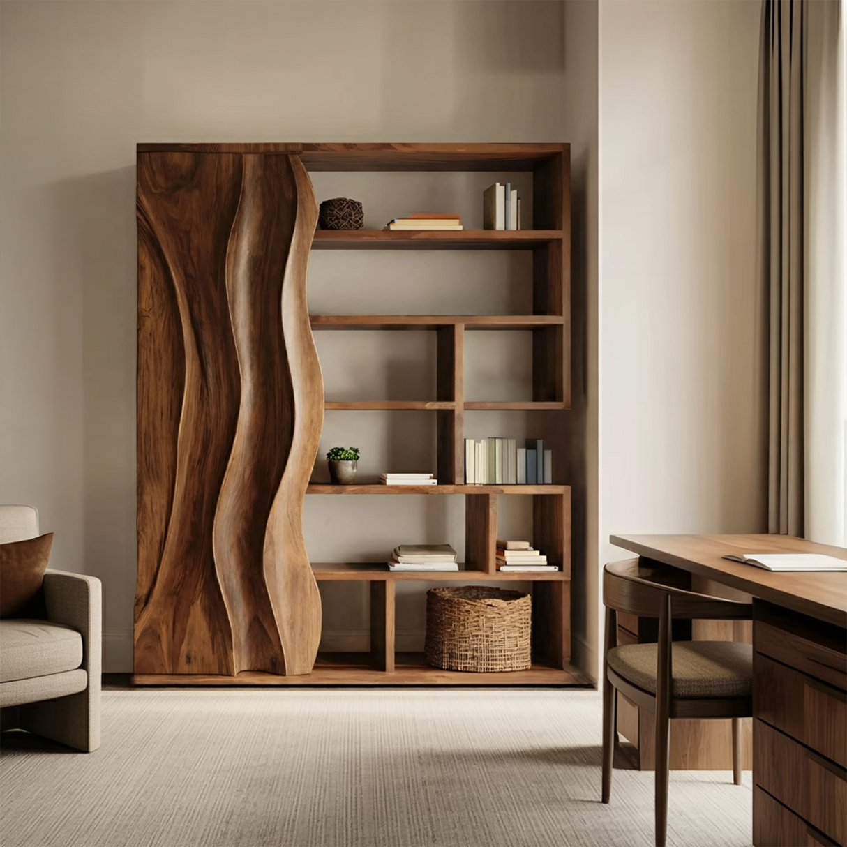 Modern Bookshelf With Wave Door For Home Decor