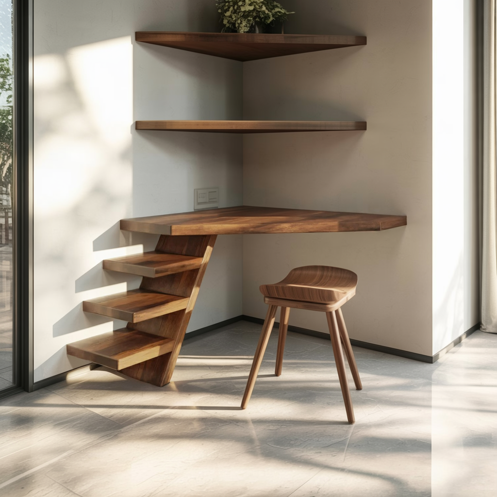 Minimalist Floating Corner Desk With Shelves For Small Home Office Workspace