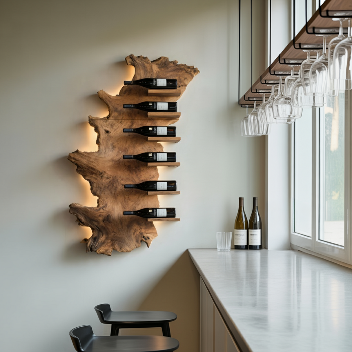 Handcrafted Wooden Live Edge Wine Holder For Bar Display Art