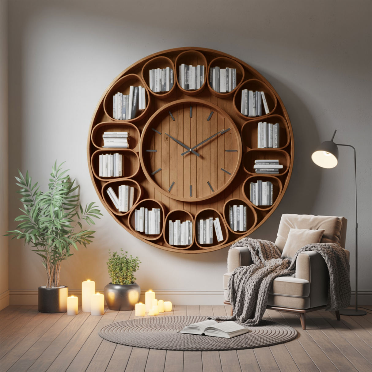 Contemporary Round Wall Bookshelf With Clock For Living Room And Home Office