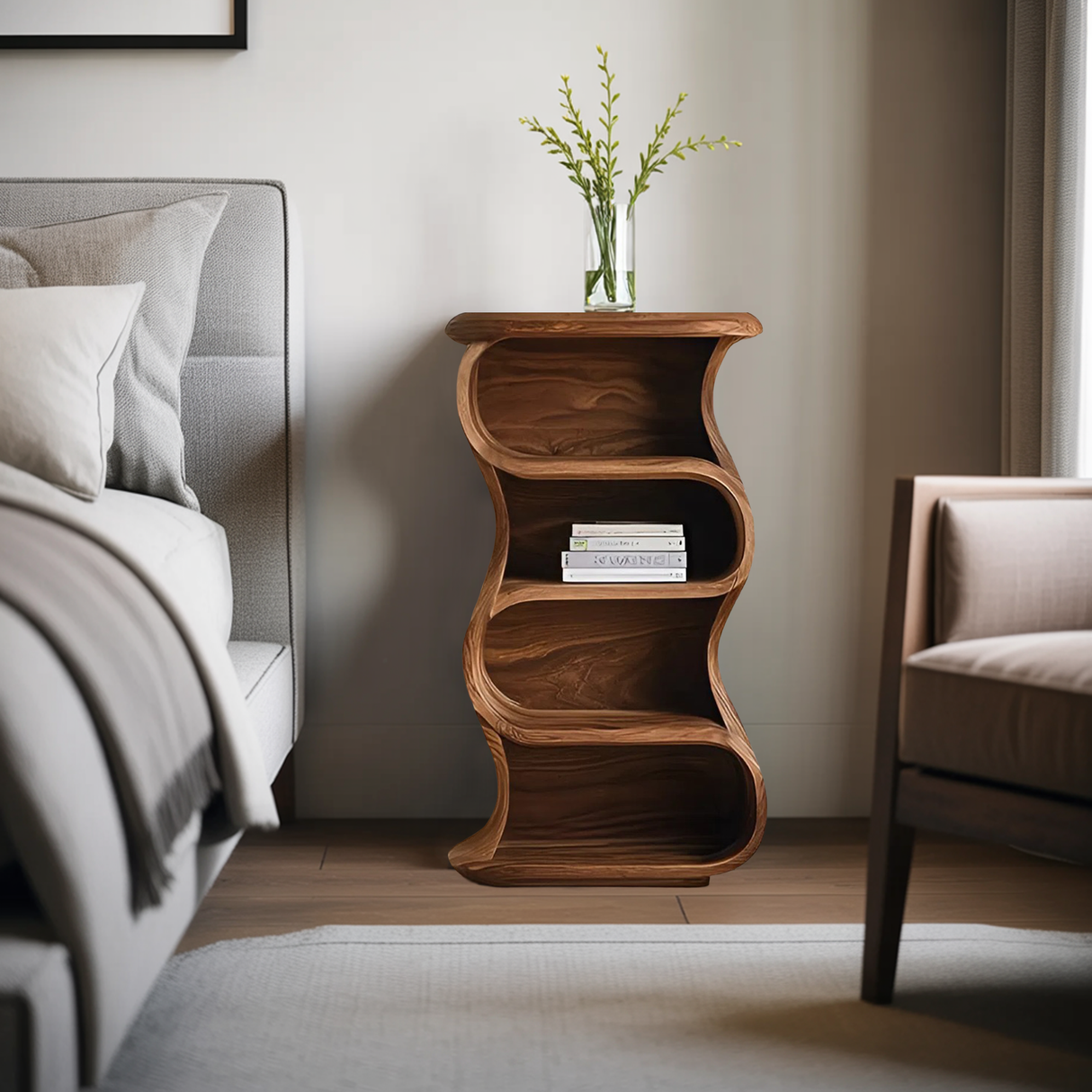 Minimalist Sculptural Nightstand With Open Shelf For Bedroom