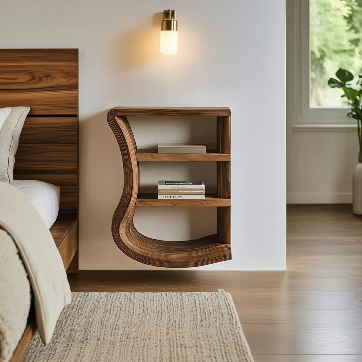 Minimal Curved Nightstand Open Shelf Design For Bedroom