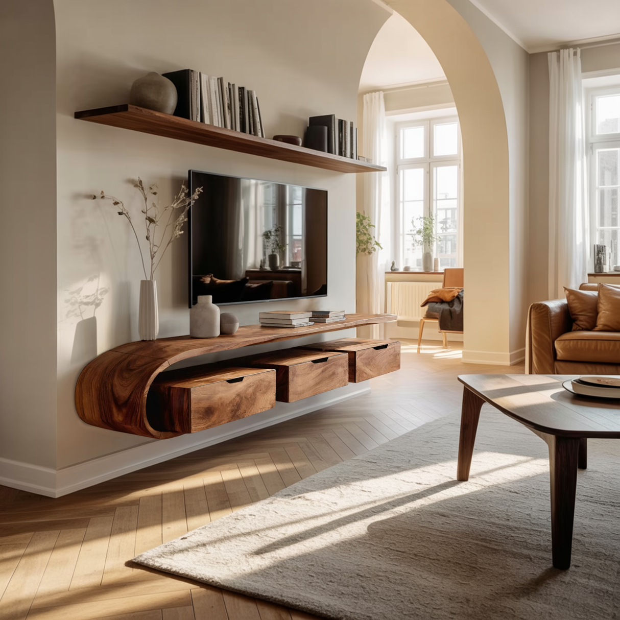 Contemporary Sculptural Wall Mounted Media Console For Living Room