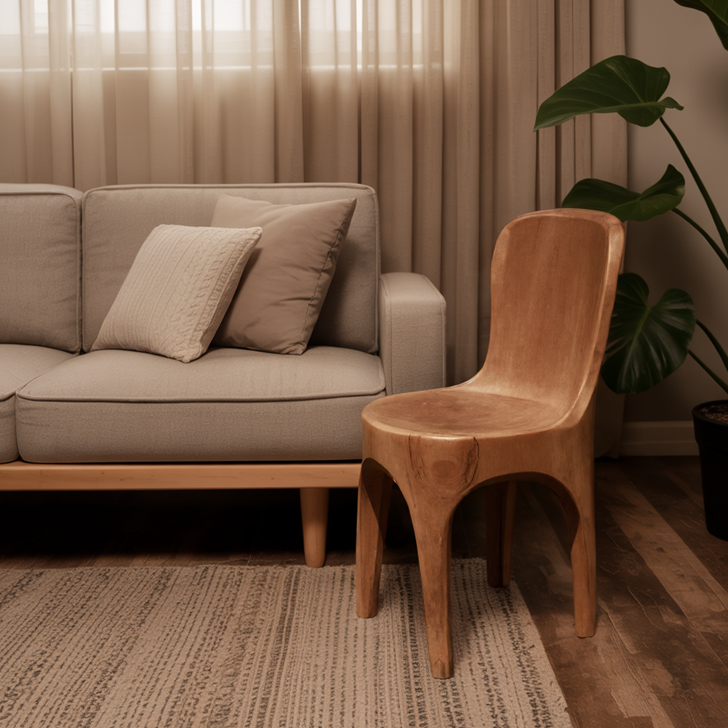 Sculptural Solid Wood Chair With Curved Seat For Garden Or Indoor Decor