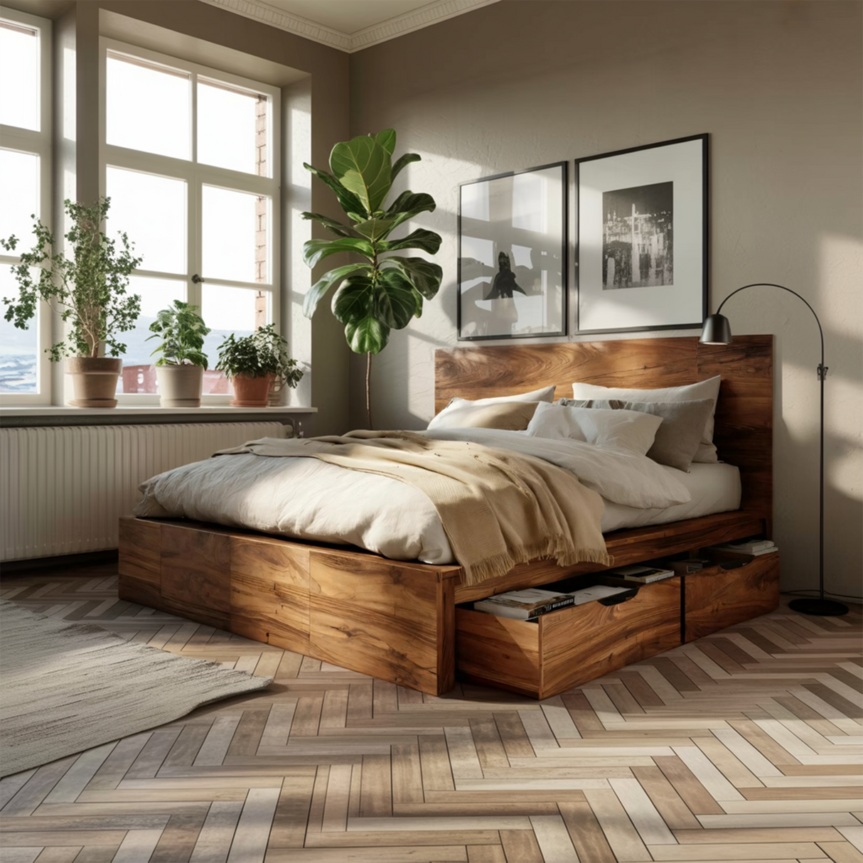 Modern Storage Bed Frame And Headboard With Drawers For Bedroom