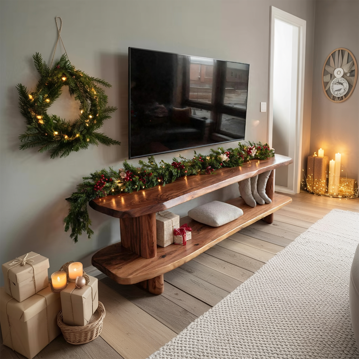 Handcrafted Live Edge Wooden TV Console For Holiday Bedroom Decor