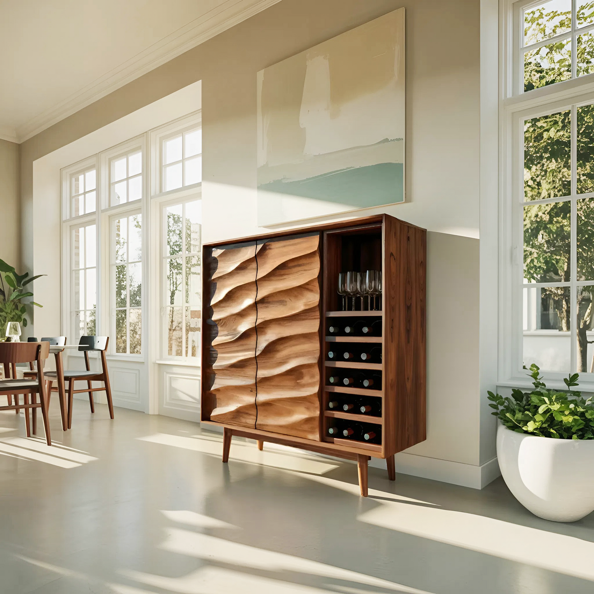 Modern Wine Cabinet With Wave Carved Doors For Kitchen Area
