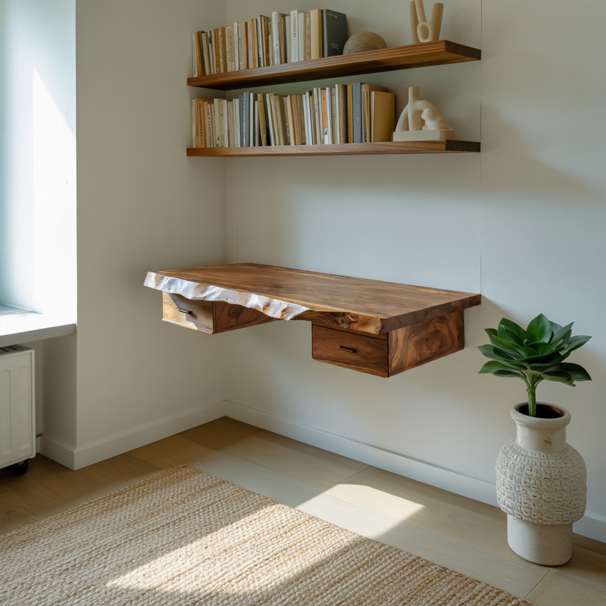 Floating Live Edge Desk With 2 Drawers For Home Office