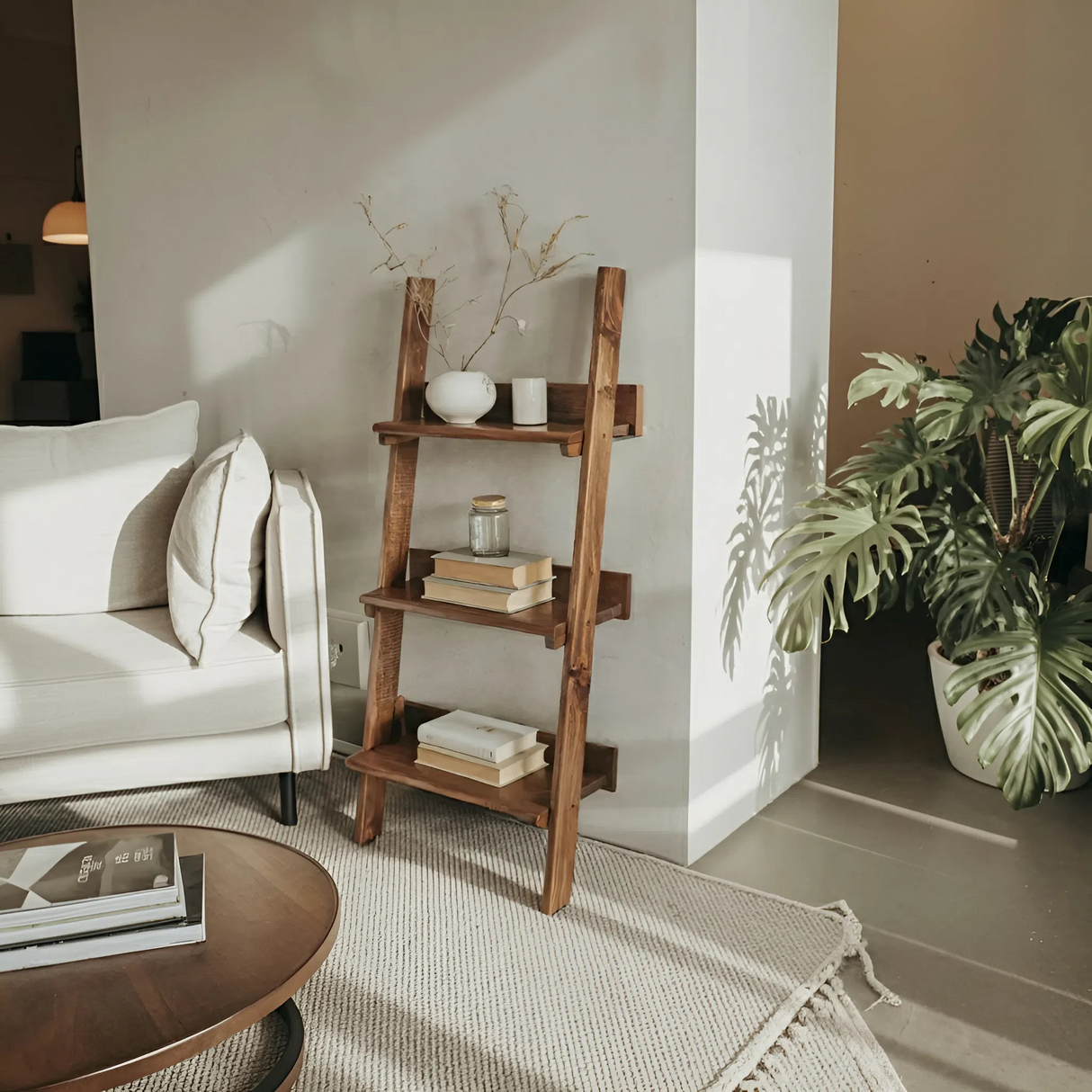 Rustic Ladder Shelf With Tiered Display For Bedroom And Living Room