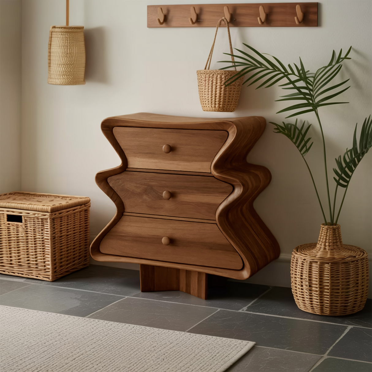 Wavy Sculptural Wood Cabinet 3 Drawer Chest For Bedroom Or Living Room