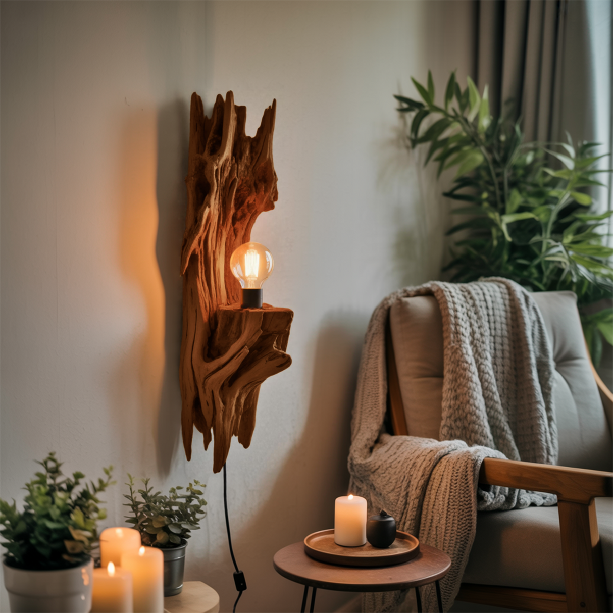 Rustic Driftwood Wall Lamp With Sculpted Form For Bedroom Or Living Room